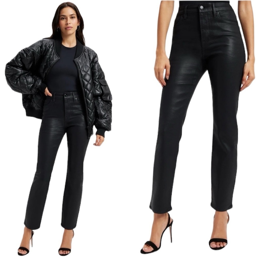 Good American | Good Legs Straight Black Coated Denim Jeans Size 24 NWT